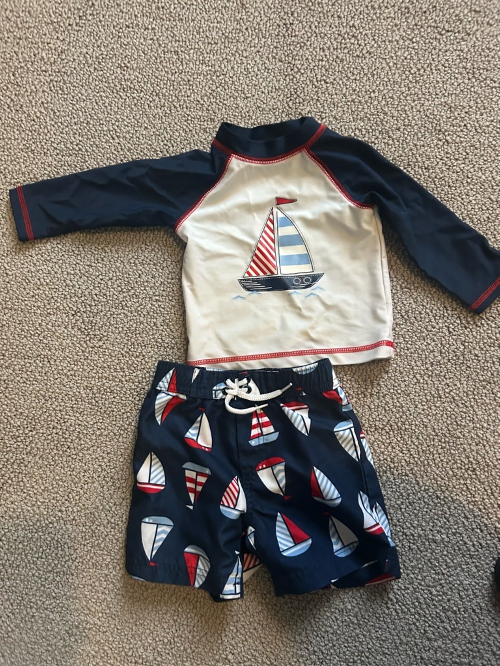 Baby boys Navy and Cream Sailboat Rash Guard bathing suit swim trunks Set